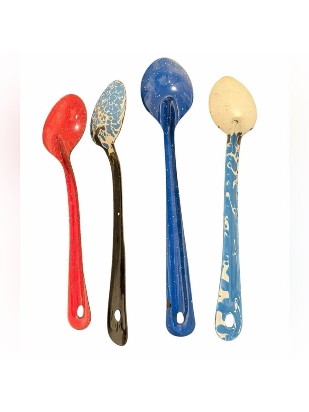 4 Vintage Graniteware Enamelware Spoons Blue Swirl Red Blue Speckled